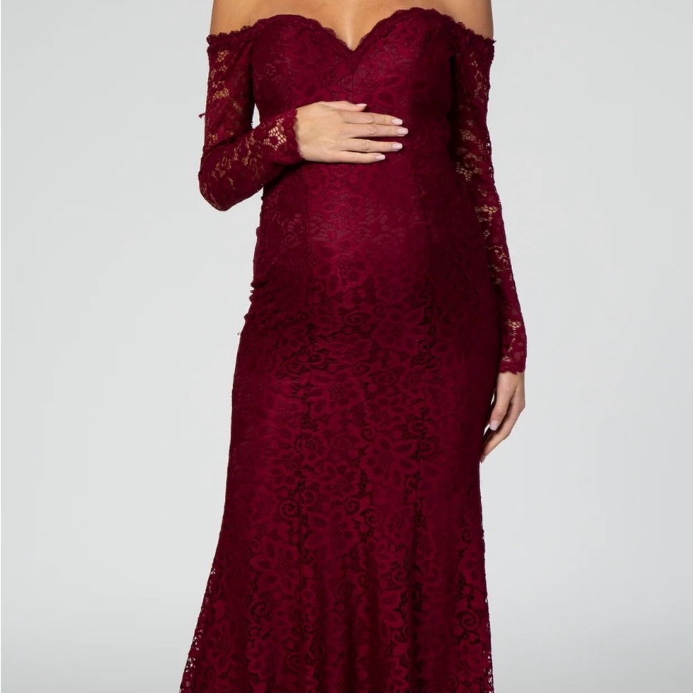 Elegant Burgundy Lace Off-Shoulder Maternity Dress